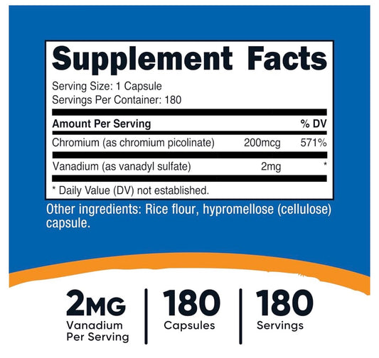 Nutricost Vanadium + Chromium ~ Vanadyl Sulfate 2mg with Chromium Picolinate 200mcg | Supports Blood Sugar Control & Enhances Insulin Sensitivity | 180 Capsules; Exp 01/2029