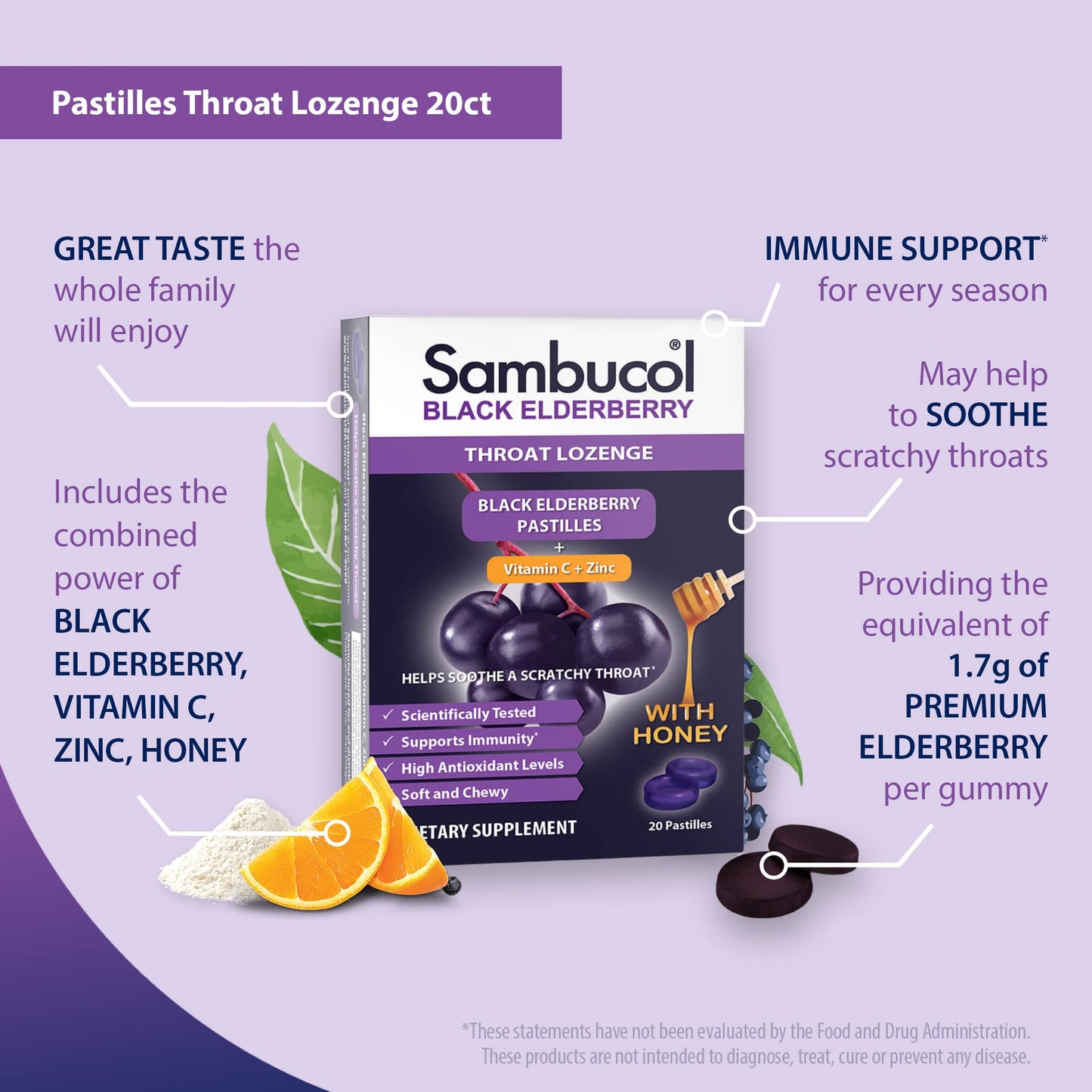 Sambucol Black Elderberry Throat Lozenge - with Honey, Vitamin C & Zinc, Elderberry Lozenges | for Sore Throat & Cough | Soothes Scratchy Throat | 20 Soft Lozenges Exp 09/2026