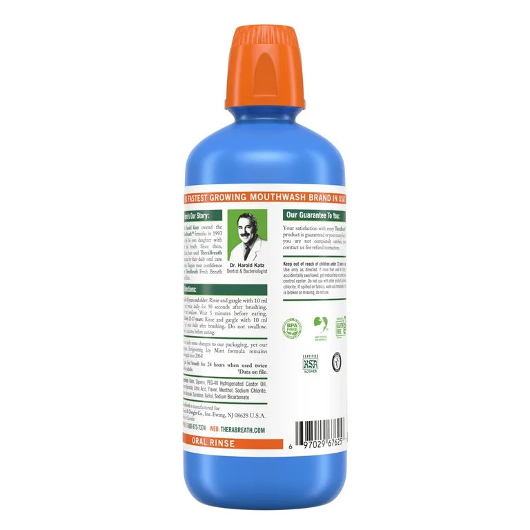 Therabreath Fresh Breath Oral Rinse | Mouth Wash for Bad Breath | Dentist Formulated | Alcohol-Free | 𝟐𝐱 𝐑𝐞𝐠𝐮𝐥𝐚𝐫 𝐒𝐢𝐳𝐞 | Invigorating Icy Mint ~ 33.8fl.oz/1 litre; Exp 08/2028 *𝐁𝐢𝐠 𝐬𝐢𝐳𝐞