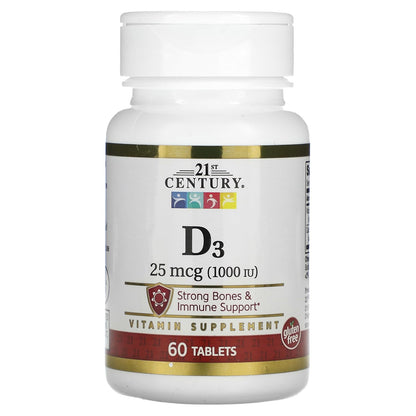 21st Century Vitamin D3 25mcg (1,000IU) | Supports Strong Bones & Teeth | Immune System | 60 Tablets, Exp 08/2027