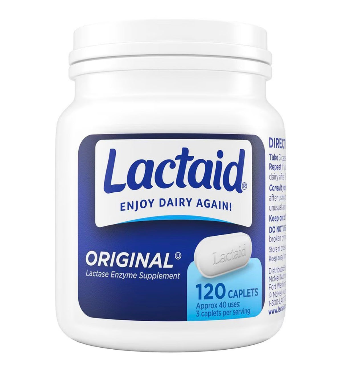 Lactaid Original Strength Lactase Enzyme | 9000 FCC Lactase Enzyme/Serving | 40 Servings | Prevents Gas, Bloating & Diarrhea Associated with Lactose Intolerance | Suitable for Adults & Children, Ages 4 & up
120 Caplets; Exp 02/2028