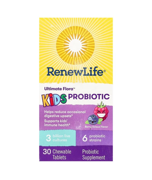 RenewLife Ultimate Flora Kids Probiotic | 3 Billion Live Cultures; 6 Strains | Supports Kids' Immune Health | Helps Reduce Occasional Digestive Upsets | Berry-licious Flavor~ 30 Chewable Tablets; Exp 04/2026