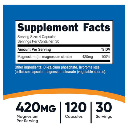 Nutricost Magnesium Citrate 420mg | Enhanced Absorption Magnesium | 105mg per Capsule | 120 Capsules; Exp 05/2028