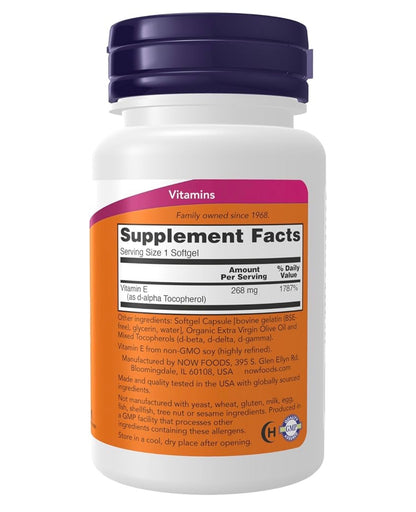 NOW Vitamin E-400iu (268mg) with Mixed Tocopherols (E400)| Antioxidant Protection | 50 Softgels; Exp 05/2030