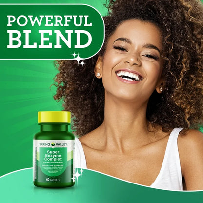 Spring Valley Super Enzyme Complex | With 225mg Betaine Hydrochloride, Ox Bile, Pancreatin, Protease, Papain, Bromelain & Cellulose | Supports Healthy Digestion and Nutrient Absorption | Digestive Enzymes | 60 Capsules; Exp 11/2026