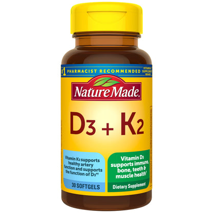 Nature Made Vitamin D3 + K2 | D3 5000IU (125 mcg), K2 100mcg MK-7 | Support for Bone, Teeth, Muscle and Immune Health | 30 Softgels; Exp 05/2027