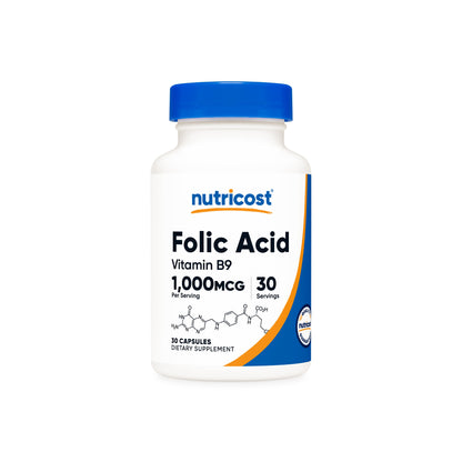 Nutricost Folic Acid 1000 mcg (Folate 1700mcg) | Vitamin B9 | Supports Brain Health, Cell Growth & Red Blood Cell Formation | Improves Fertility | Supports Fetal Development | 30 Capsules; Exp 02/2028