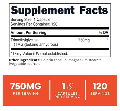 TypeZero TMG 750mg - Trimethylglycine | Betaine Anhydrous | Supports Detoxification | Promotes Healthy Liver Function & Normal Homocysteine Levels | 120 Capsules; Exp 07/2028