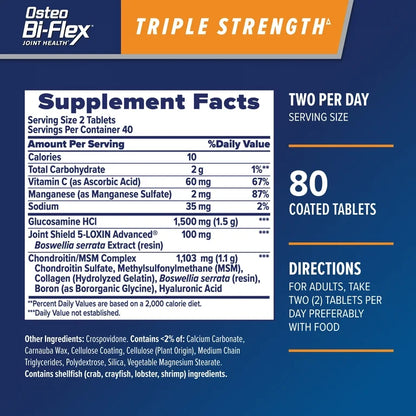 Osteo Bi-Flex Triple Strength, Glucosamine Chondroitin MSM Complex with Vitamin C | For Joint Health Support |  80 Coated Tablets; Exp 07/2026