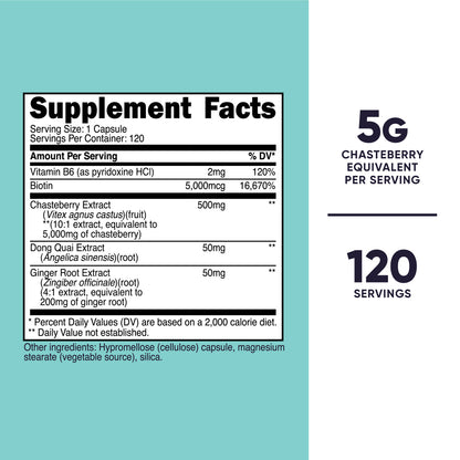 Nutricost Chasteberry Extract 500 mg | With Vitamin B6, Biotin, Dong Quai & Ginger Root Extract | Supports Healthy Menstrual Cycle & Progesterone Levels | 120 capsules; Exp 01/2028