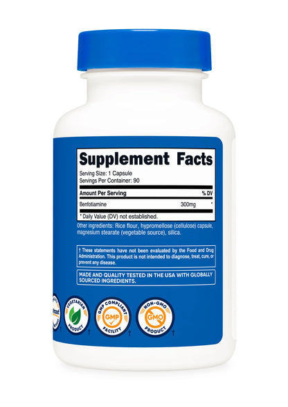 Nutricost Benfotiamine 300mg | Fat-Soluble Bioavailable Derivative of Thiamine (Vitamin B1) | Improves Sugar Metabolism & Nerve Function | 90 Capsules; Exp 02/2028