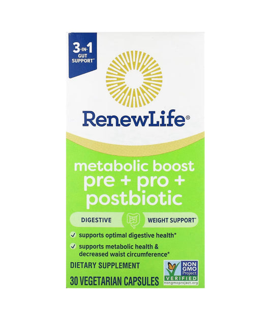 Renew Life Metabolic Boost, Prebiotic + Probiotic + Postbiotic | Supports Optimal Digestive Health | Supports Metabolic Health & Decreased Waist Circumference | Promotes regularity and normal bowel function | 30 Capsules; Exp 02/2026