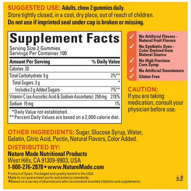 Nature Made Vitamin C 250 mg | Immune Health & Antioxidant Support | Aids with the Absorption of Iron | Tangerine Flavor; 200 Gummies; Exp 02/2028