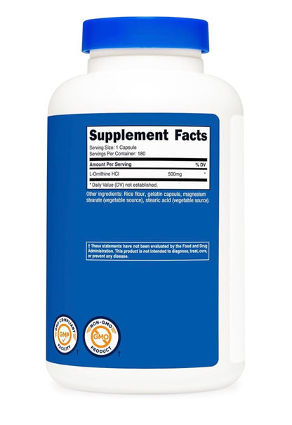Nutricost L-Ornithine 500mg | Helps with Detoxification & Nitrogen Waste Removal | Lowers Stress Markers | Improves Mood & Sleep Quality | 180 Capsules; Exp 01/2029