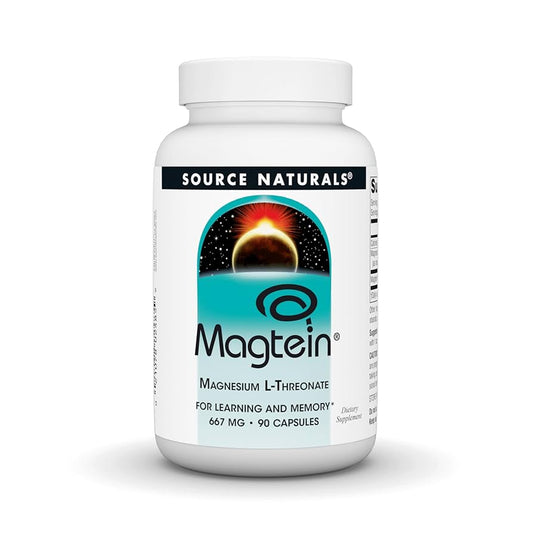 Source Naturals Magtein Magnesium L-Threonate 667mg | Supports Focus, Focus, Mood, Healthy Memory, Cognitive Function - 90 Capsules; Exp