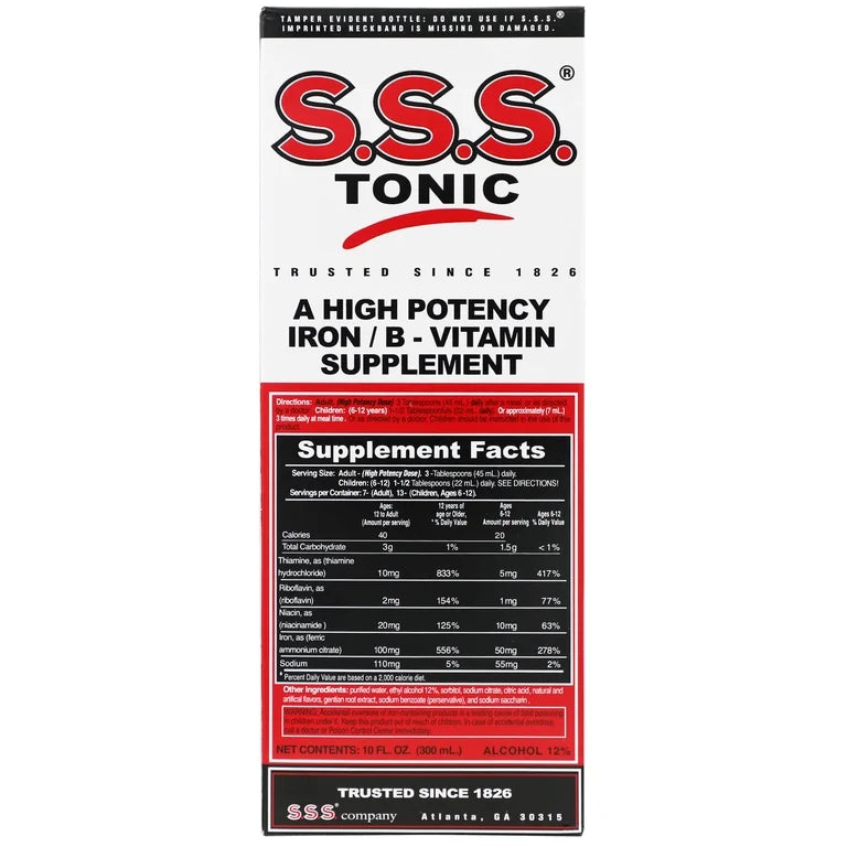 S.S.S. Tonic - Iron and Vitamins B1, B2 & B3 | Liquid with 12% Alcohol | 10 fl.oz (300ml); Exp 05/2028