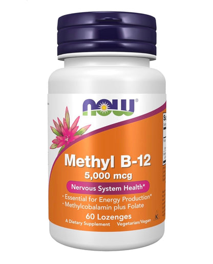 NOW Methyl B12 5000 mcg with QuatreFolic 400mcg (5-MTHF) | Methylcobalamin plus Folate | Nervous System Health | Boosts Energy | 60 Lozenges; Exp 04/2029