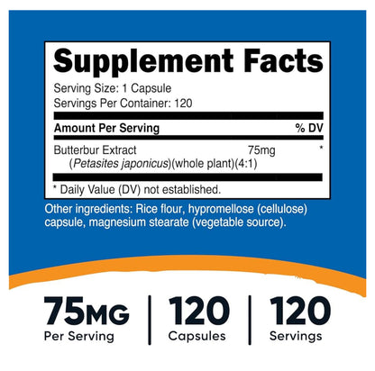 Nutricost Butterbur Extract 75mg | A.k.a Coltsfoot | Free of Pyrrolizidine Alkaloids | Reduces Frequency of Migraines & Relieves Symptoms of Allergic Rhinitis | 120 Capsules; Exp 04/2027