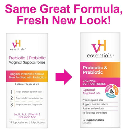 vH essentials Prebiotic + Probiotic Vaginal Suppositories | with Vitamin E and Hyaluronic Acid | For Optimal Vaginal pH | Naturally Restores pH Balance & Protects against Feminine Odor | 15 Suppositories; Exp 03/2028