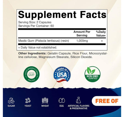 Vitamatic Mastic Gum 1000 mg | Supports Digestive Function, Gastrointestinal Health, Immune and Oral Wellness | 120 Capsules; Exp 02/2028