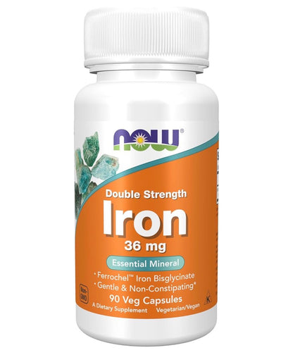 NOW Double Strength Iron 36mg | Ferrochel Iron Bisglycinate | Non-Constipating | Supports Energy Production, Immune System Function & Neurological Health | 90 Capsules; 05/2030