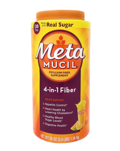 Metamucil Psyllium 4-in-1 Fiber Powder with Real Sugar | 130 Tablespoons | Helps Supports Appetite Control, Heart Health, Healthy Blood Sugar Levels | 65/130 Servings | Orange Flavor~55oz/1.56kg; Exp 07/2027
