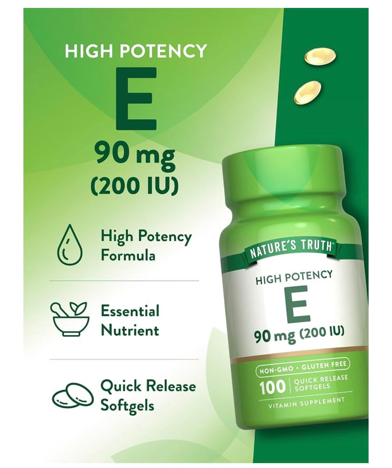 Nature's Truth Vitamin E 200 IU (90mg) | Antioxidant | 100 Softgels; Exp 06/2028