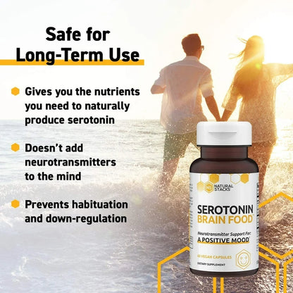 Serotonin Brain Food 1250mg L-Tryptophan & 400mg Rhodiola Rosea | Mood Support for Stress Relief | Neurotransmitter Support with Magnesium Glycinate & Zinc Glycinate | Non-Habit Forming | 75 Capsules; Exp 08/2026