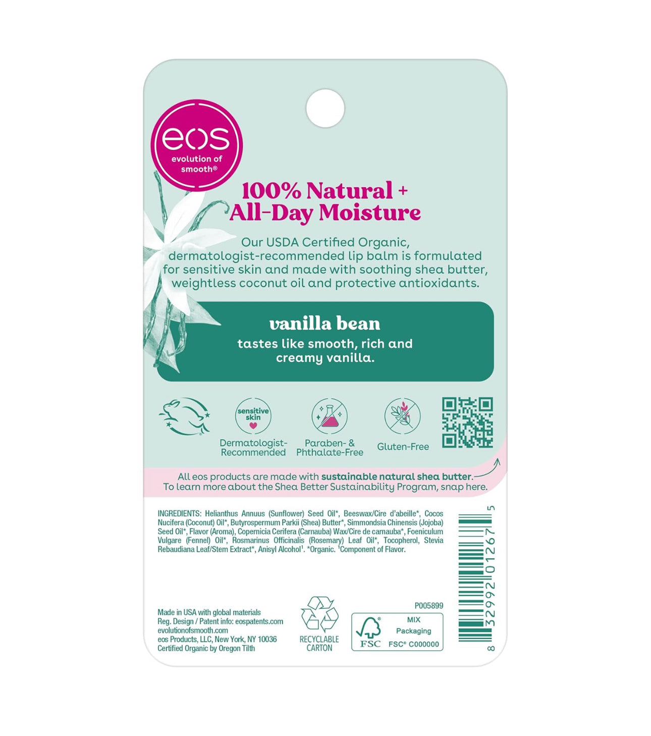 eos 100% Natural Lip Balm- Vanilla Bean Flavor | All-Day Moisture Lip Care | 2 x 0.14oz 2 Pack
