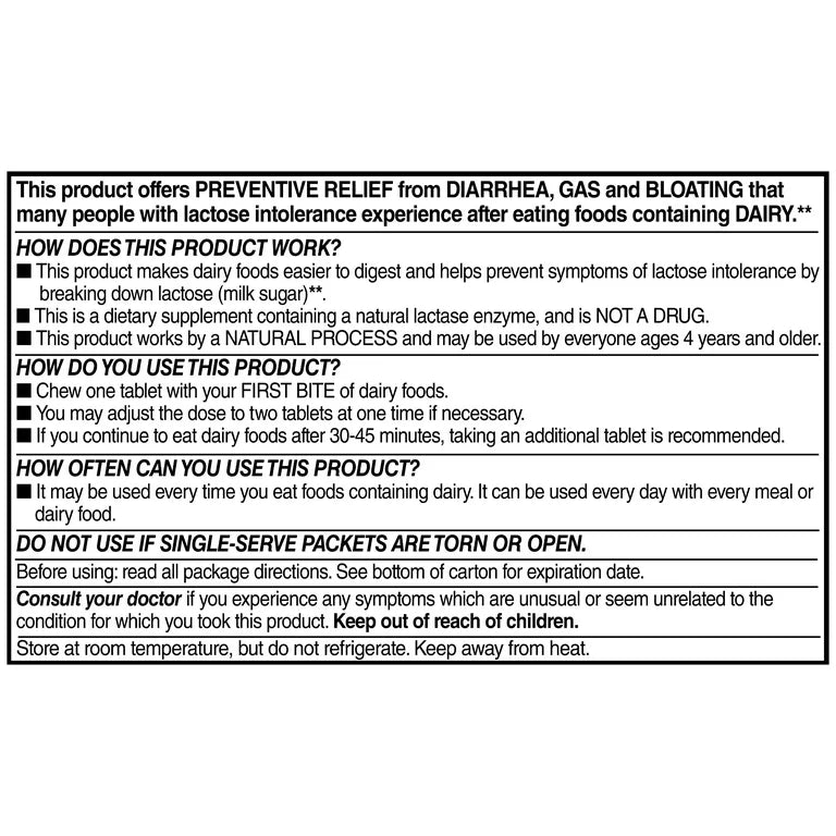Equate Dairy Relief Fast Acting Lactase Enzyme  - Similar to Lactaid | Vanilla Flavor, 32 Chewable Tablets; Exp 05/2027