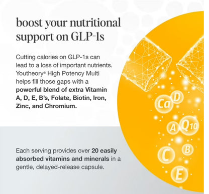 Youtheory High Potency Multi GLP-1 Support - High Absorption Multivitamins | Over 20 Highly Absorbable Methylated Vitamins & Chelated Minerals | For Immune Support & Bone Health | Gentle on Stomach | 200 Capsules; Exp 05/2027