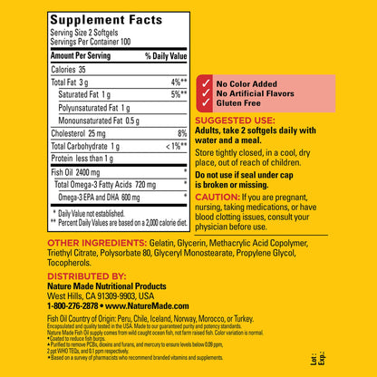 Nature Made Burp-Less Fish Oil 1200mg | Omega 3 Fish Oil for Healthy Heart Support | 200 Coated Softgels; Exp Jun/2027