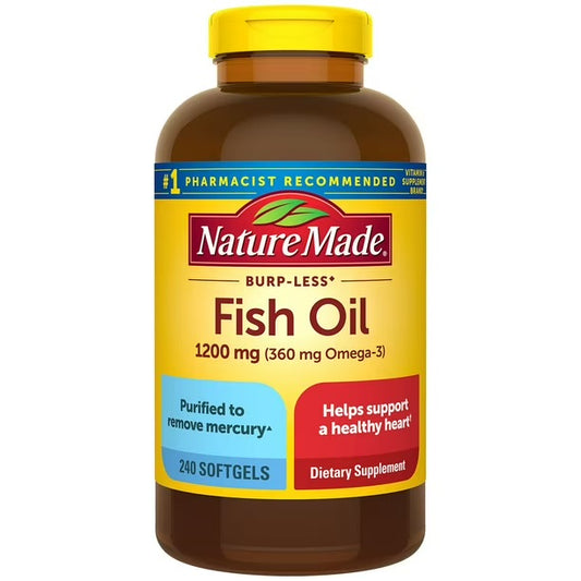Nature Made Burp-Less Fish Oil 1200mg | Omega 3 Fish Oil for Healthy Heart Support | 240 Coated Softgels; Exp 06/2028