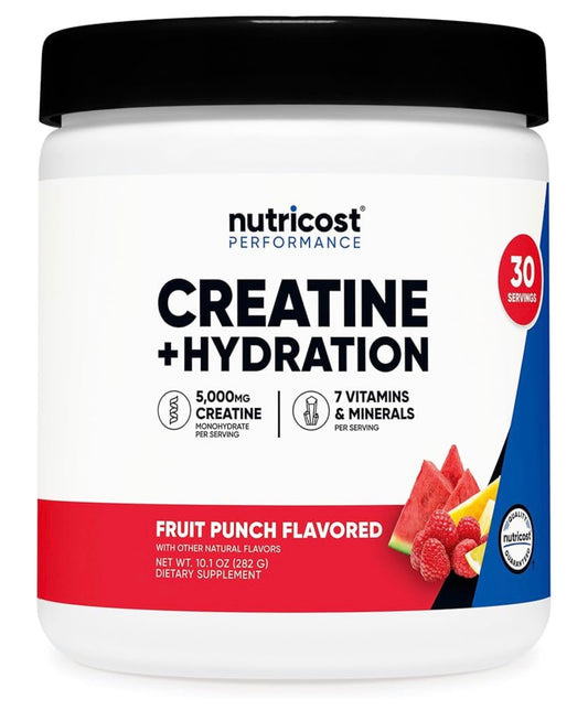 Nutricost Micronized Creatine Monohydrate + Hydration | 7 Vitamins & Minerals (Electrolytes) | 5000mg of Creatine Per Serving; 30 Servings | For Endurance, Muscle Mass Building & Energy Production | Fruit Punch Flavored~282g/10.1oz; Exp 09/2028