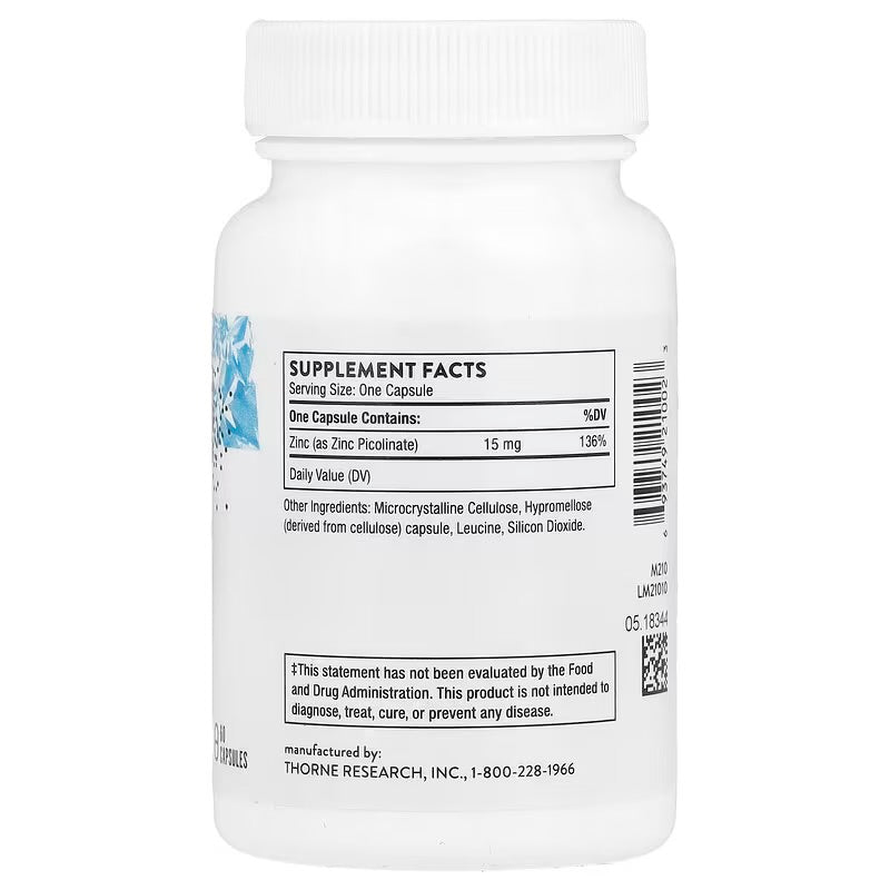 THORNE Zinc Picolinate 15mg | Highly Absorbable Zinc | Supports Wellness, Immune System, Eye, Skin & Reproductive Health | 60 Capsule; Exp 08/2028