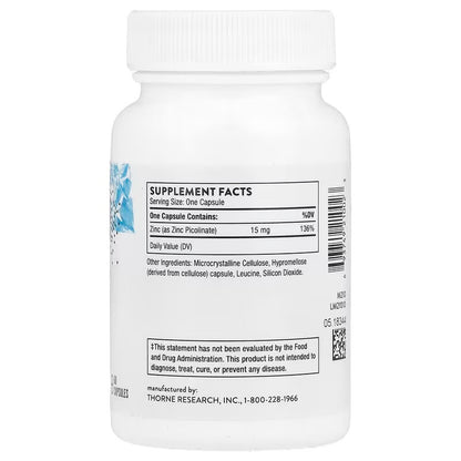 THORNE Zinc Picolinate 15mg | Highly Absorbable Zinc | Supports Wellness, Immune System, Eye, Skin & Reproductive Health | 60 Capsule; Exp 08/2028
