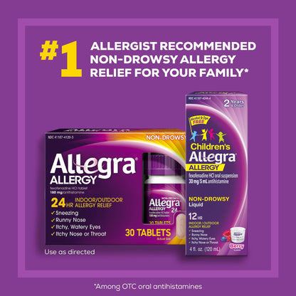 Allegra Adult 24HR Non-Drowsy Antihistamine Fexofenadine HCl tablet 180mg | Fast-Acting Allergy Symptom Relief | 30 Tablets Exp 09/2025