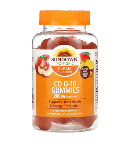 Sundown Naturals Co Q-10 Gummies 200mg | 100mg per Gummy | Supports Heart Health & Energy Production | Peach Mango Flavor, 100 Gummies Exp 12/2025