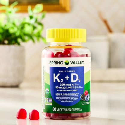 Spring Valley Vitamin K2 + D3 Gummies | 100 mcg Vitamin K2 (Mk-7) & 2000 IU Vitamin D3 | Supports Bone & Immune Health | Fosters Optimal Calcium Absorption & Healthy Blood Clotting | Mixed Berry Flavor ~ 60 Gummies; Exp 06/2027