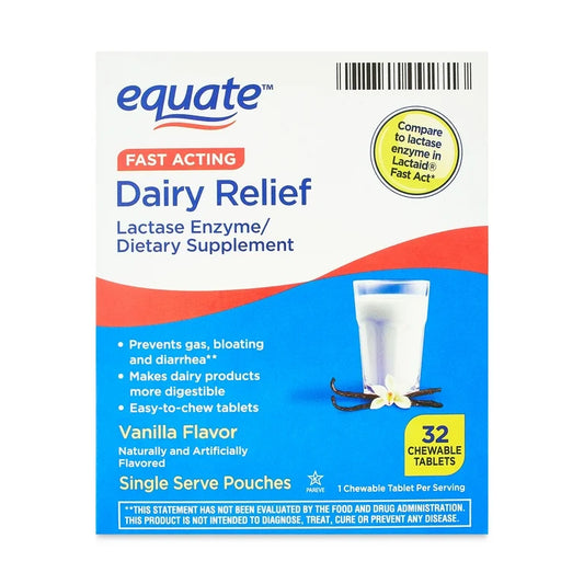 Equate Dairy Relief Fast Acting Lactase Enzyme  - Similar to Lactaid | Vanilla Flavor, 32 Chewable Tablets; Exp 05/2027