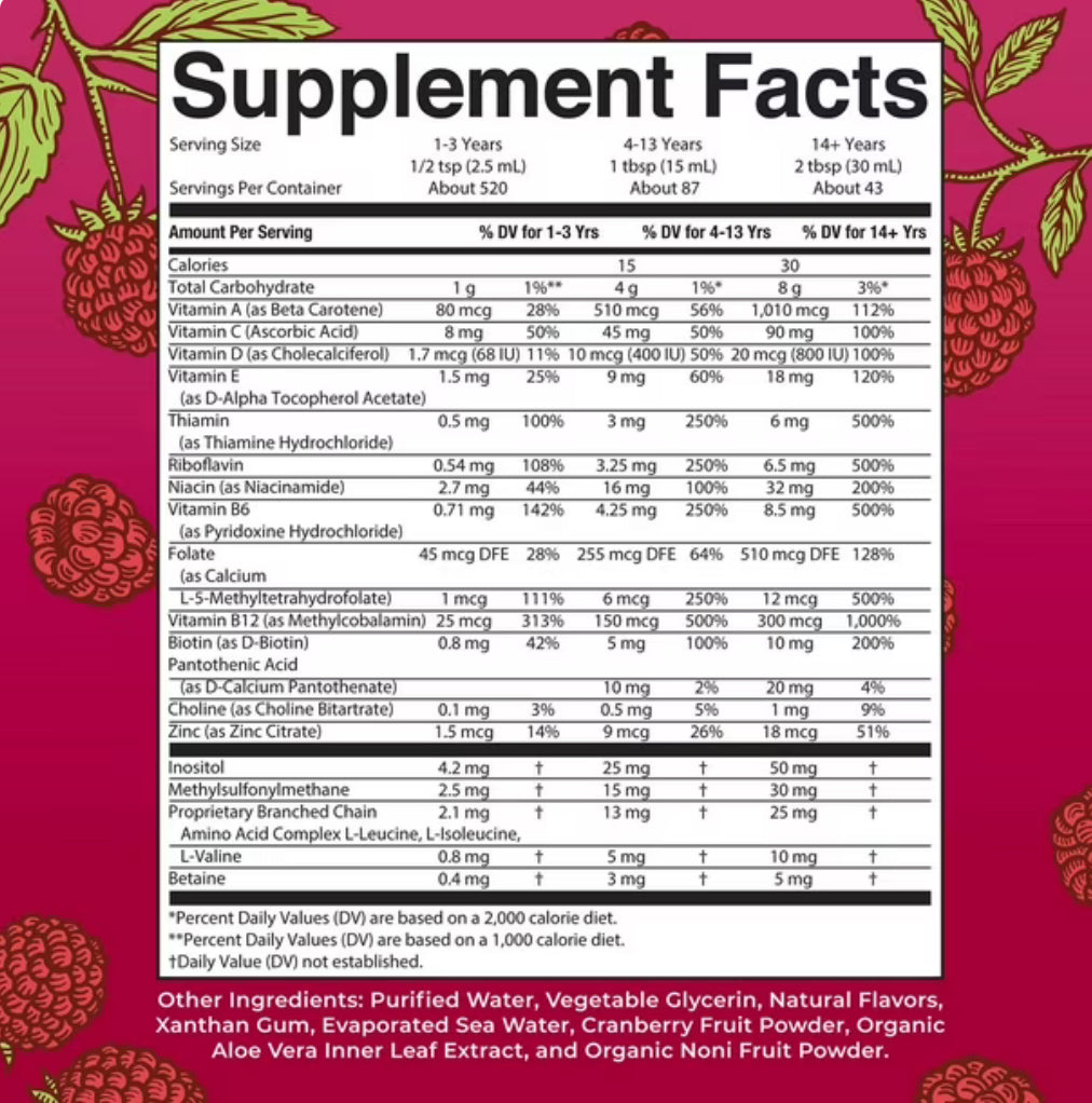 MaryRuth Organics Liquid Morning Multivitamin for For the Whole Family (Including Kids Aged 1 Year & Above) | Vitamins A, C, D, E, B6, B12, Biotin, Zinc | Natural Raspberry ~ 22oz/650ml; Exp 04/2027