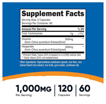 Nutricost Diosmin with Hesperidin 1000mg Complex | 500mg of Diosmin & 500mg of Hesperidin | Supports Healthy Blood Flow in the Legs & Throughout the Body | Supports Blood Vessel Integrity & Cardiovascular Health | 120 Capsules; Exp 06/2029