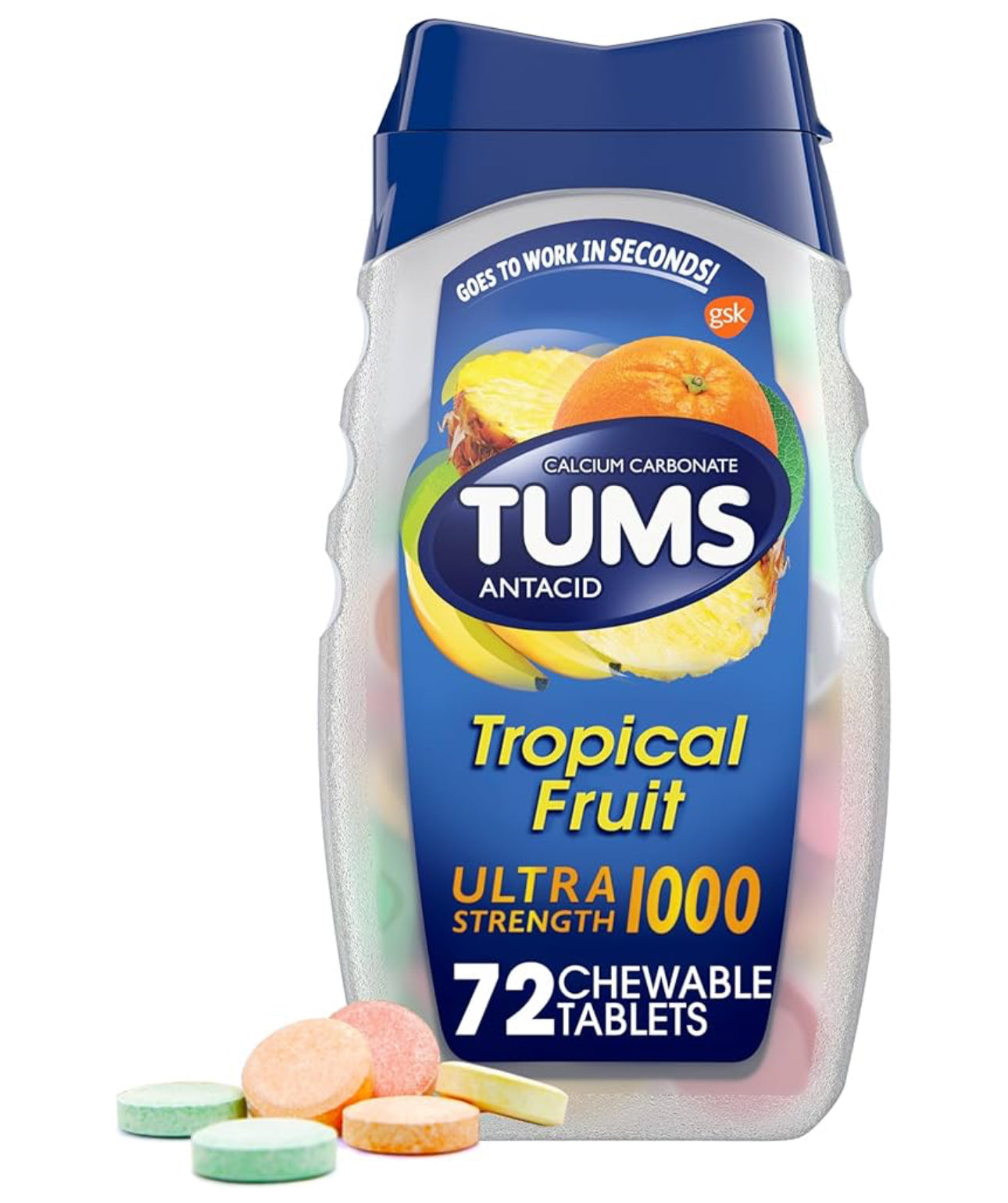 TUMS Ultra Strength Heartburn Relief Chewable Antacid Tablets | 1000mg Calcium Carbonate | Tropical Fruit Flavor | 72 Chewable; Tablets Exp 04/2028