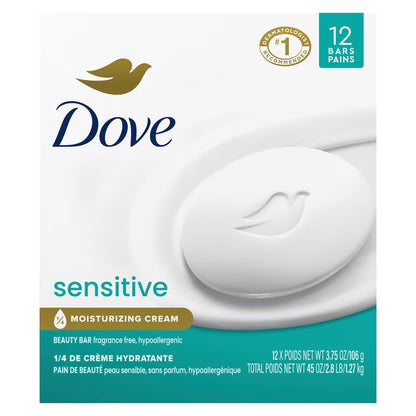 Dove Sensitive Skin Bar | Fragrance-Free, Hypoallergenic | 3.75oz/106g - 12 Bars of Soap