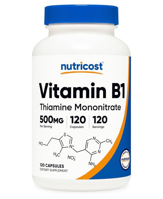 Nutricost Vitamin B1 500mg ~ Thiamine Mononitrate | Protects Your Heart, Brain & Nervous Seystem | Prevents & Treats Vitamin B1 Deficiency | 120 Capsules; Exp 04/2029