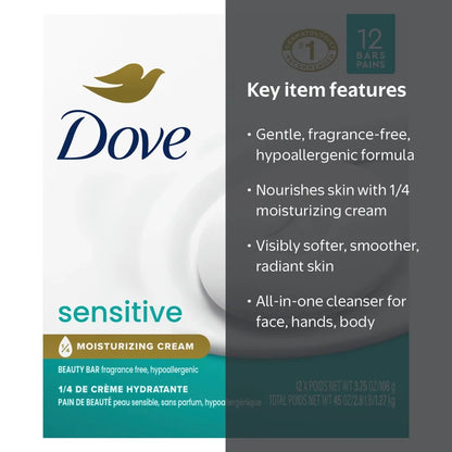 Dove Sensitive Skin Bar | Fragrance-Free, Hypoallergenic | 3.75oz/106g - 12 Bars of Soap