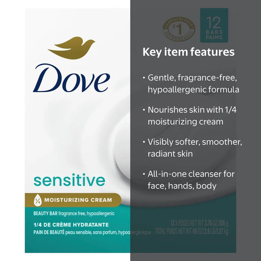 Dove Sensitive Skin Bar | Fragrance-Free, Hypoallergenic | 3.75oz/106g - 12 Bars of Soap