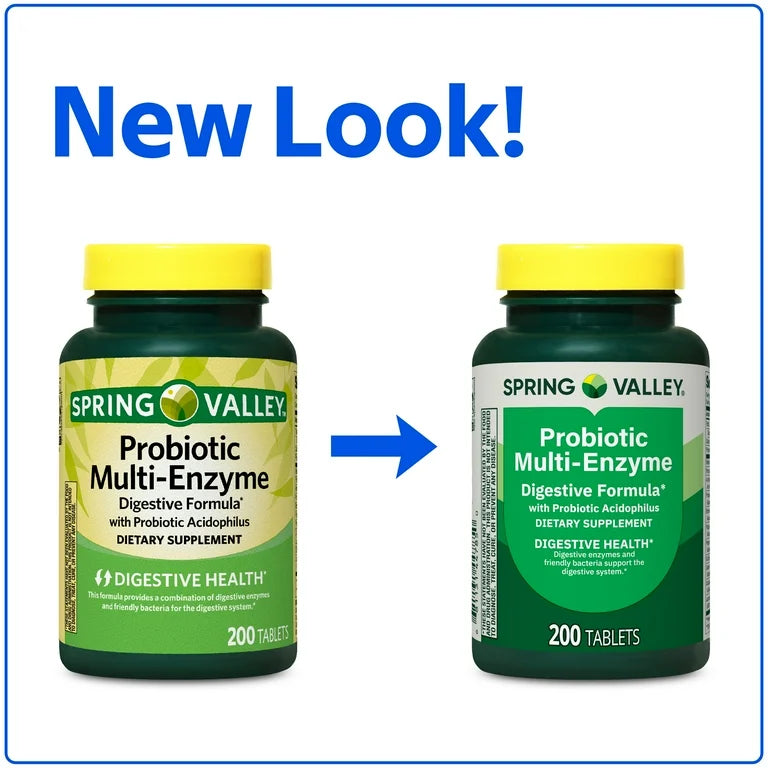 Spring Valley Probiotic Multi-Enzyme Digestive Formula | 66 Day Supply | Improves Digestion | Digestive Enzymes | 200 Tablets; Exp 05/2027 *New look