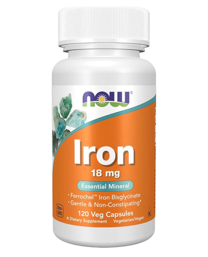 NOW Iron 18mg | Ferrochel Iron Bisglycinate | Non-Constipating | Supports Energy Production, Immune System Function & Neurological Health | 120 Capsules; 06/2030