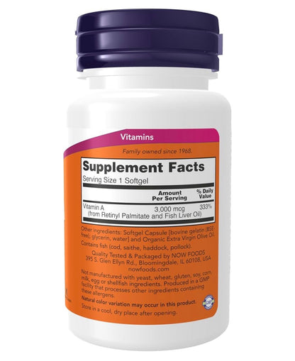 NOW Vitamin A 10,000iu (3000mcg) | Supports Eye Health | 100 Softgels; Exp 07/2028